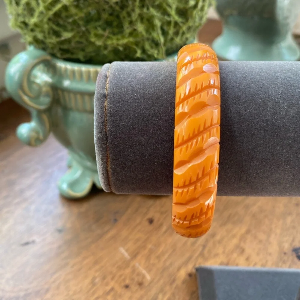 Vintage Bakelite Amber Carved Bangle Bracelet